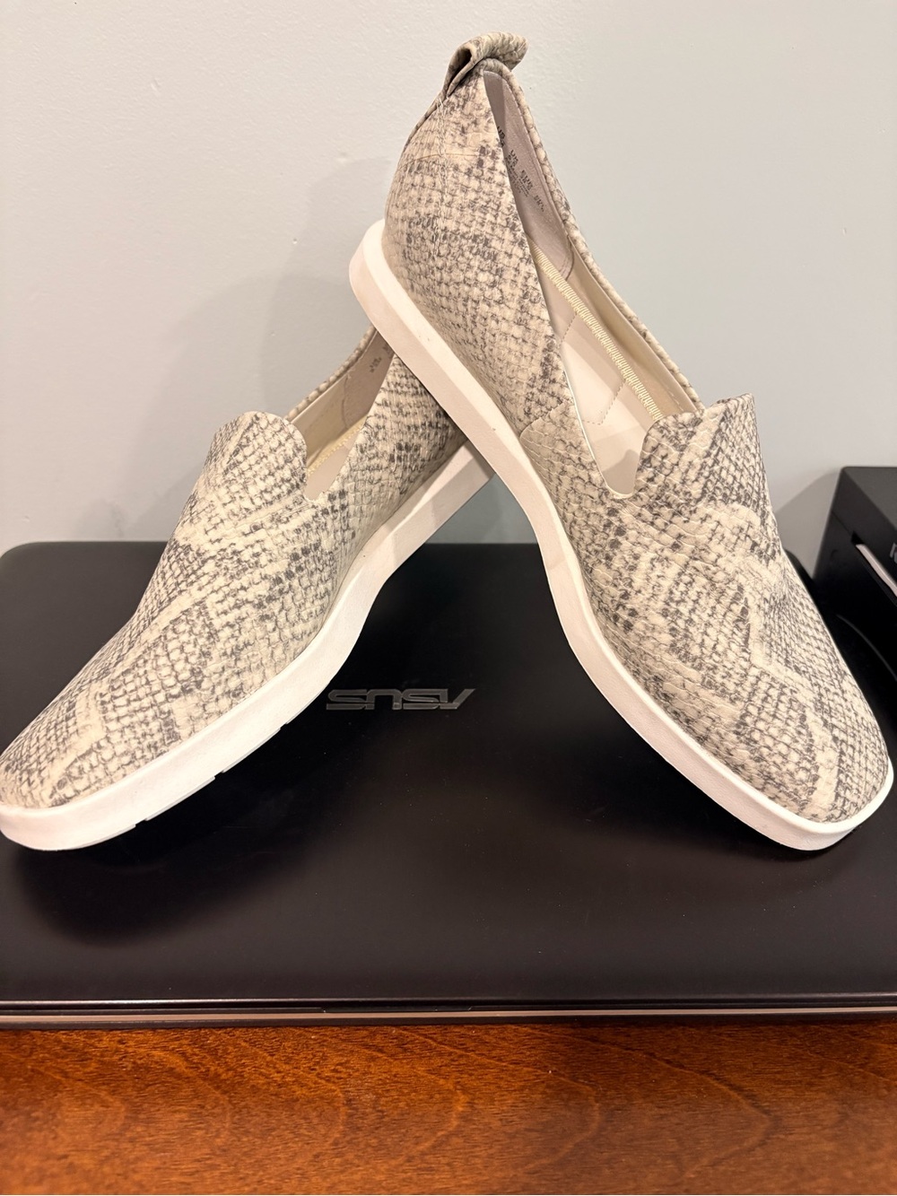 Franco Sarto Taupe and White Snake-Print Slip-On Flats